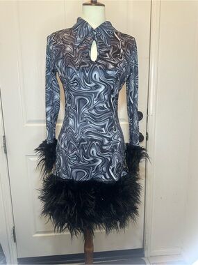 Black Marble-Print Mini Dress with Feather Trim